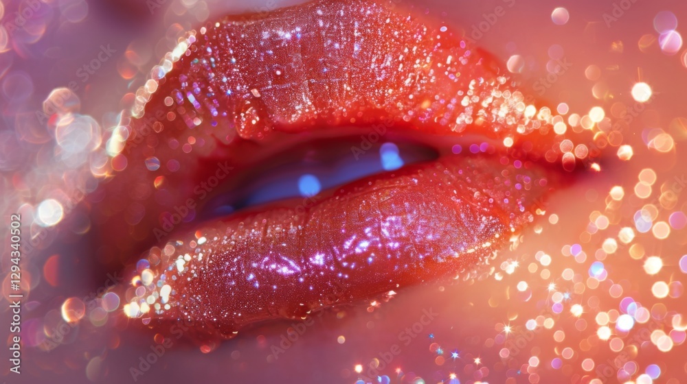 Poster a pair of shiny lips featuring a dazzling application of glitter, showcasing vibrant hues and a text