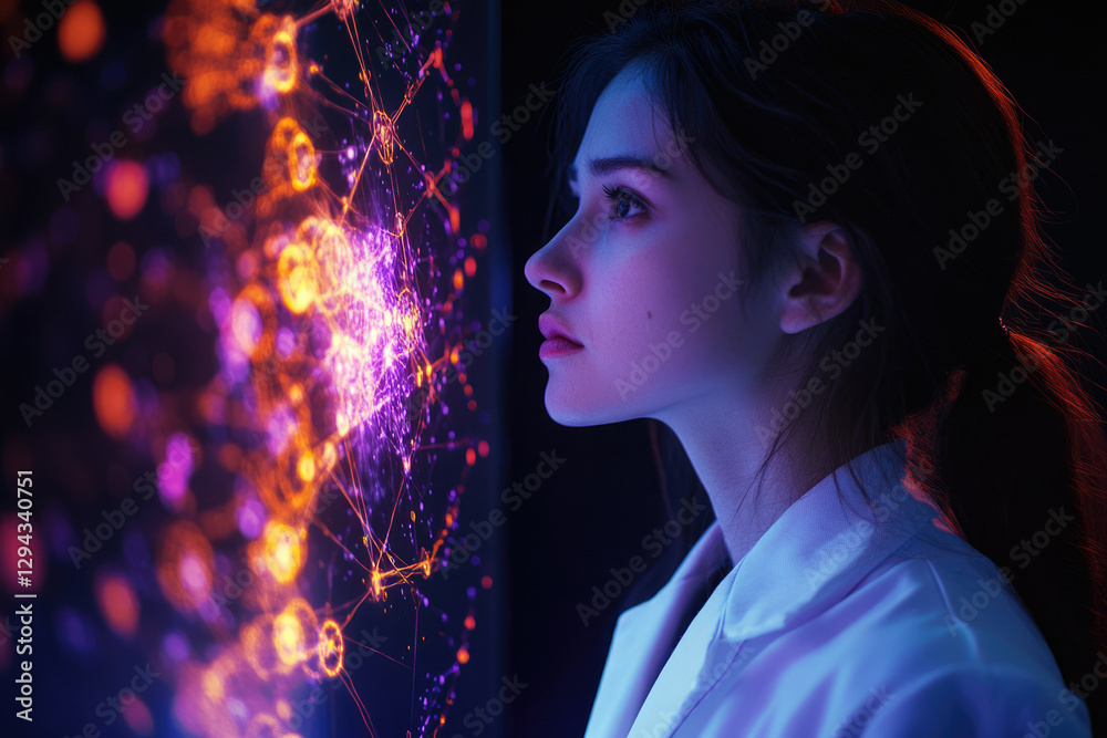 Poster a young woman in a lab coat gazes intently at a vibrant, complex data visualization on a screen.