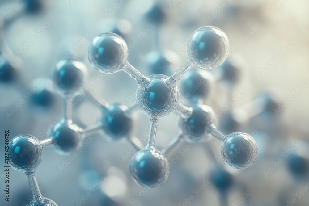 Poster A 3D model of a molecule, showing atoms connected by bonds; a representation of chemical structure.