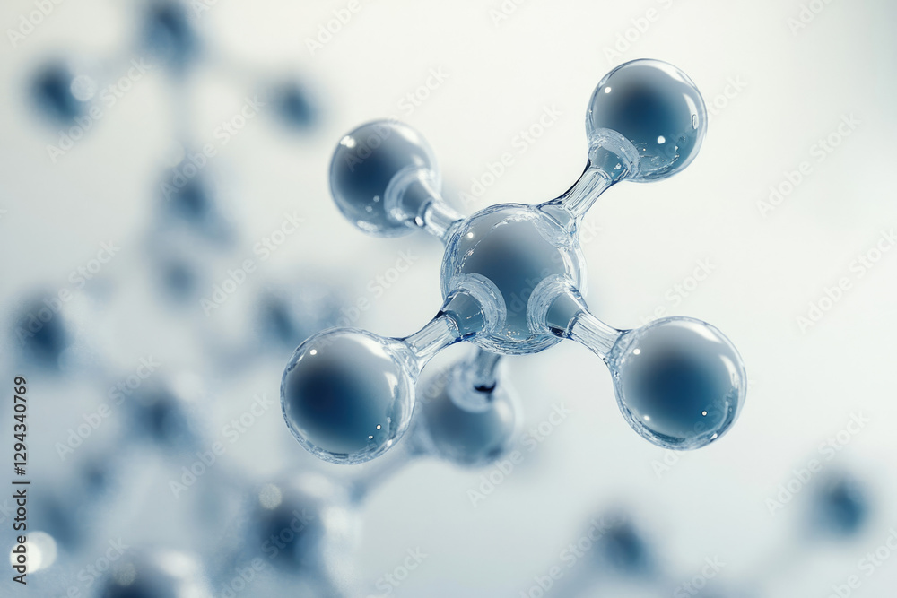 Poster A 3D rendering of a molecule, showing its atoms and bonds, representing the complexity of molecular structures.