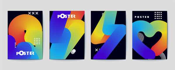 Flyer design, cover design, Modern gradient poster background vector set. Minimalist cover template with vibrant perspective geometric prism shapes