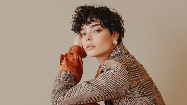 Stylish Non-Binary Person in Fashion-Forward Outfit Posing Elegantly Against a Neutral Background with Striking Expression and Curly Hair