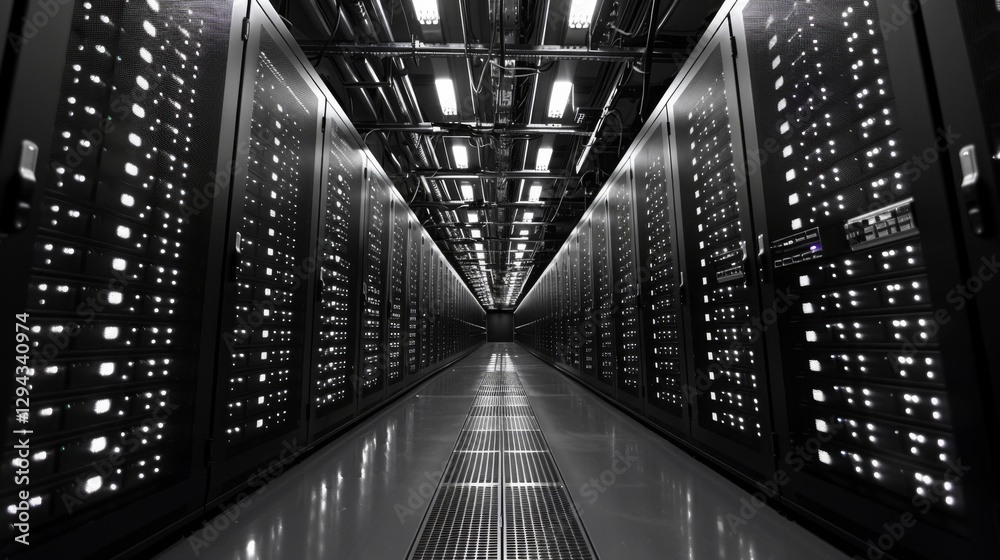 Poster Dimly lit corridor in a data center with rows of server racks on either side, showcasing a network of interconnected devices during late hours.