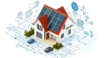 Intricate 3D blueprint showcasing the design and features of an eco friendly smart home including integrated solar panels automated irrigation system