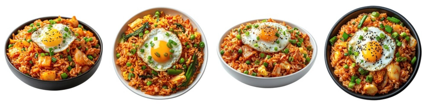 Collection of Korean Kimchi Fried Rice Topped with a Fried Egg and Green Onions on Transparent Background