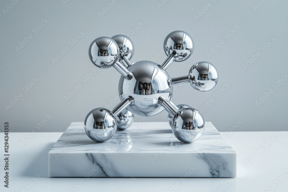 Poster A chrome molecule model rests on a marble base, reflecting light and symbolizing science or connection.
