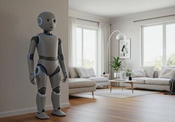 Futuristic humanoid robot standing in modern living room with minimalist decor