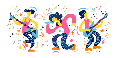 Vector flat illustration with doodle musicians. Music band plays their instruments. Bright color trendy design for print, textile, postcard, advertising, music festivals, musical groups