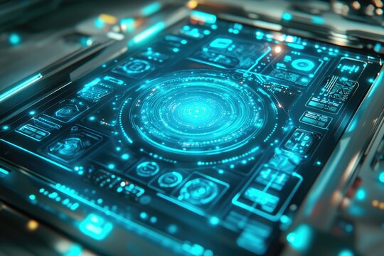 Futuristic digital interface with glowing cyan HUD elements, displaying various data points and circular progress indicators.