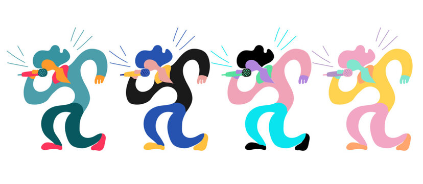 Vector flat illustration with doodle singer. Vocalist sing his song. Bright color trendy design for print; textile; postcard; advertising; music festivals; musical groups