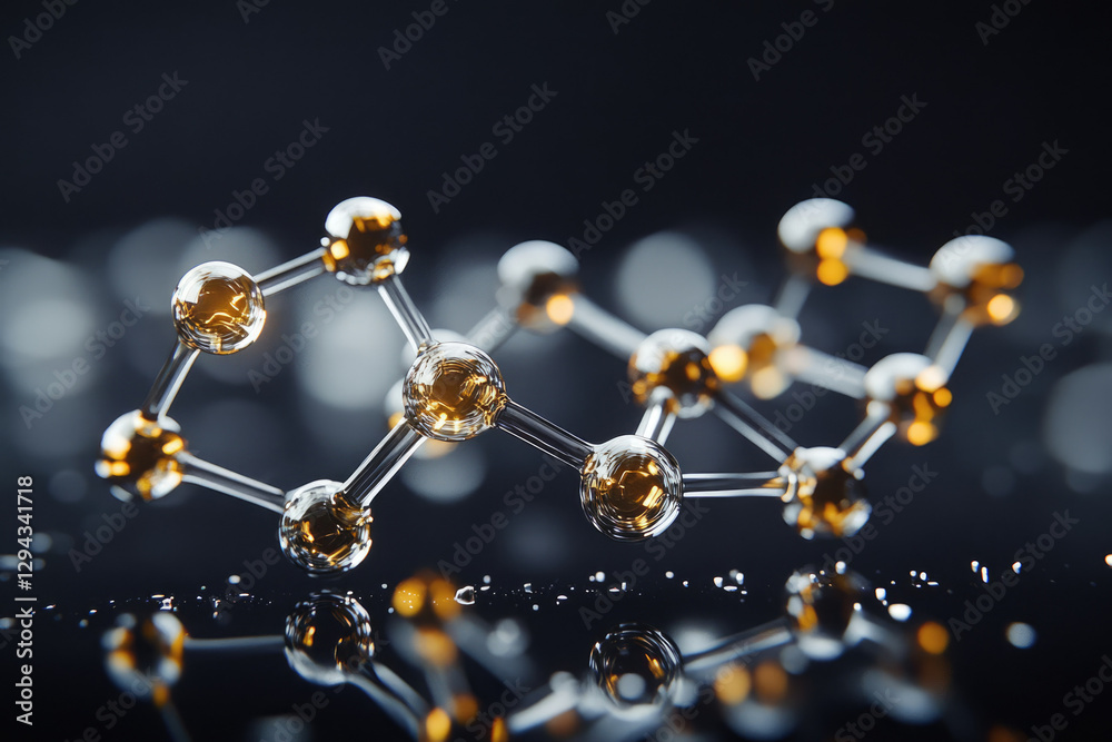 Aufkleber A 3D rendering of a complex molecule structure with glowing nodes, representing scientific innovation and technological advancement.