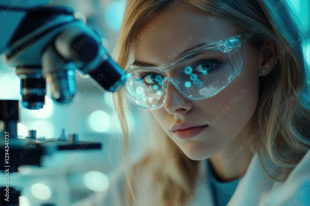 Poster A female scientist intently looks through a microscope during a scientific experiment in a laboratory setting.