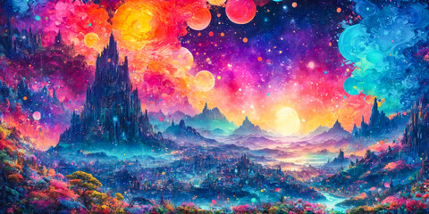 Vibrant Fantasy Cityscape Under a Colorful Cosmic Sky.