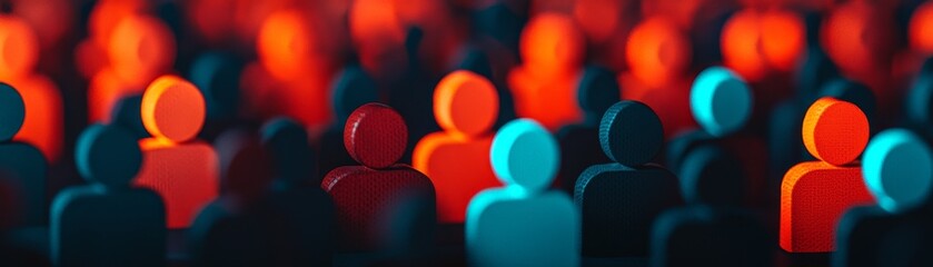 Obraz premium A vibrant crowd scene featuring colorful silhouettes of people, set against a blurred background, creating a dynamic and engaging visual.