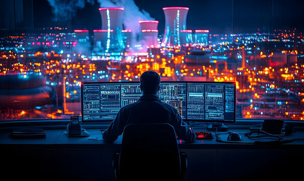 Cybersecurity Specialist Monitoring Critical Infrastructure Systems Night