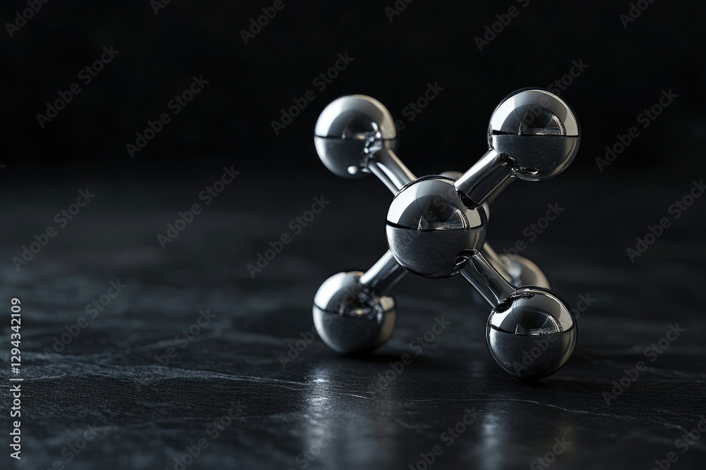 Poster a metallic model of a molecule rests on a dark surface, reflecting light.