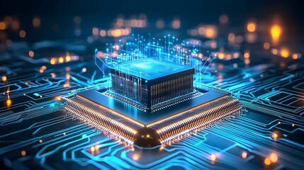 Obraz premium Luminous Quantum Microchip Visualization Showcasing Computing Breakthrough Abstract digital art depicting the future of high performance energy efficient computing powered by quantum technology