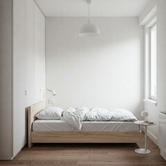 A contemporary bedroom, light and spacious, with minimalist decor.