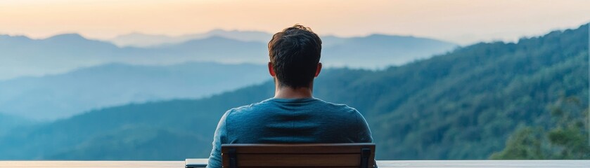 Fototapeta premium A serene scene of a person sitting on a chair, gazing at tranquil mountains under a pastel sky at sunset.