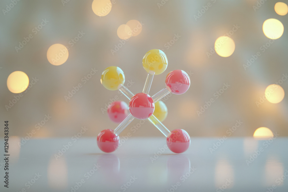 Poster abstract molecular structure model with red and yellow spheres, bokeh background.