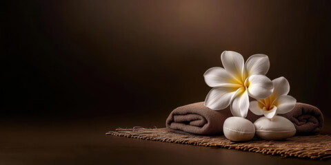 Fototapeta premium Towels and frangipani blossom in spa, massage procedure, brown background.