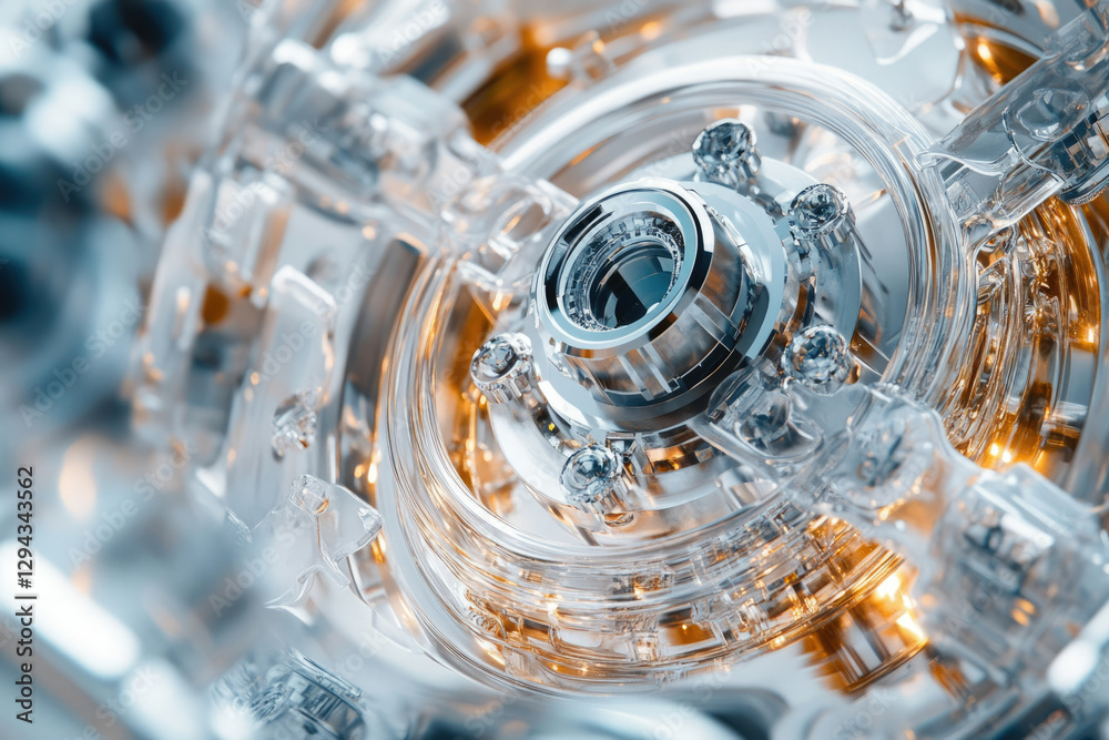 Poster close-up of a complex, futuristic, chrome and glass mechanism with intricate details and warm lighti