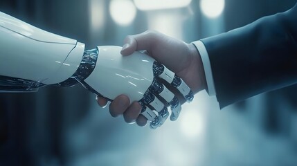 Futuristic handshake between a human and a robotic arm in a sleek, high-tech environment
