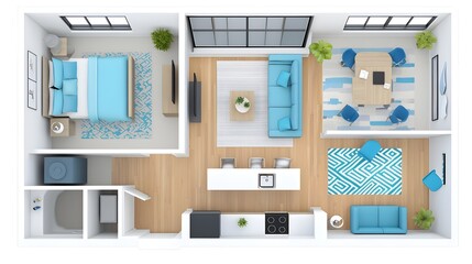 Minimalist 3D technical floor plan showcasing the layout and features of a space efficient smart apartment  including robotic walls  automated climate zones