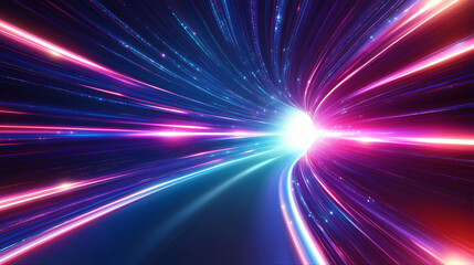 Obraz premium Light speed space warp effect, light trails on the road colorful burst explosion beam. Creative cosmic radial beams. Cosmic light explosion effect of traveling at high speed, speed motion blur