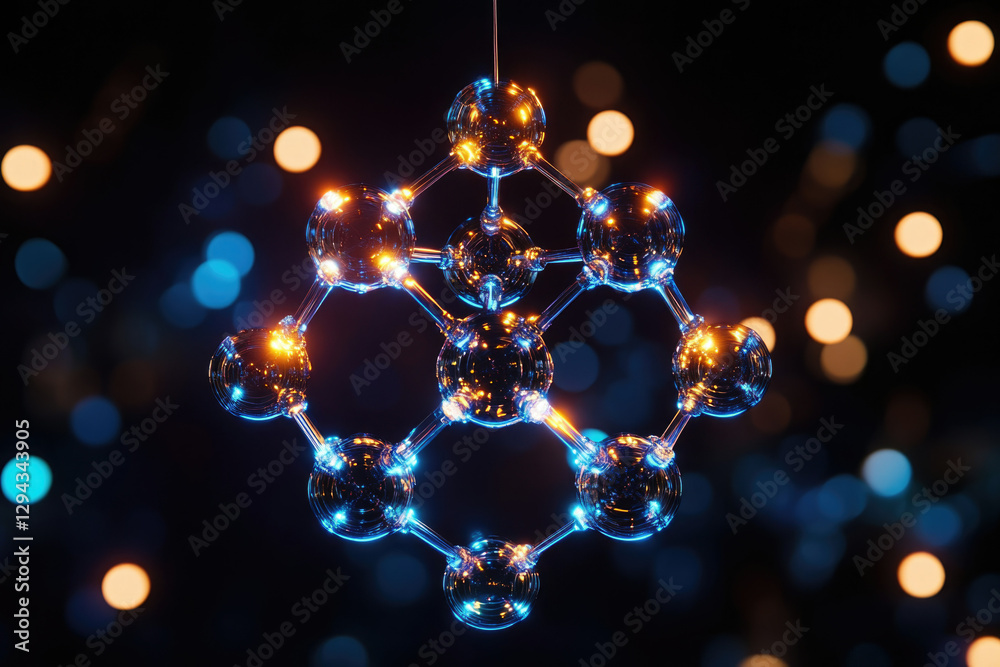 Poster A mesmerizing 3D rendering of a molecule structure, glowing with vibrant blue and orange light against a bokeh background.