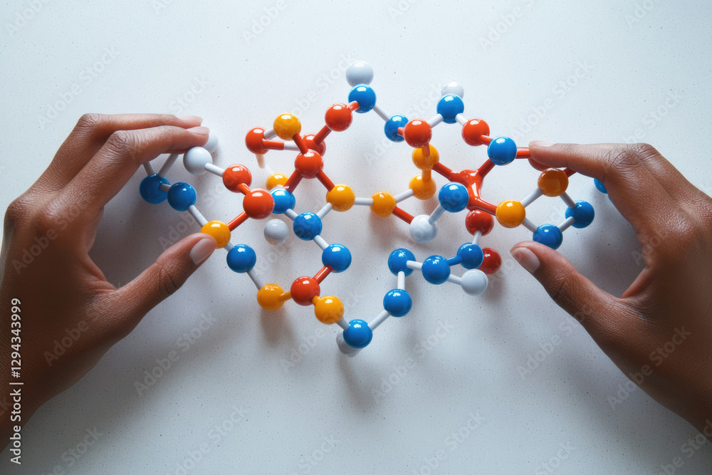 Aufkleber hands manipulate a colorful molecular model, representing complex structures in chemistry or biology
