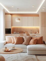 Fototapeta premium Modern kitchen interiors with white sofa and warm decor
