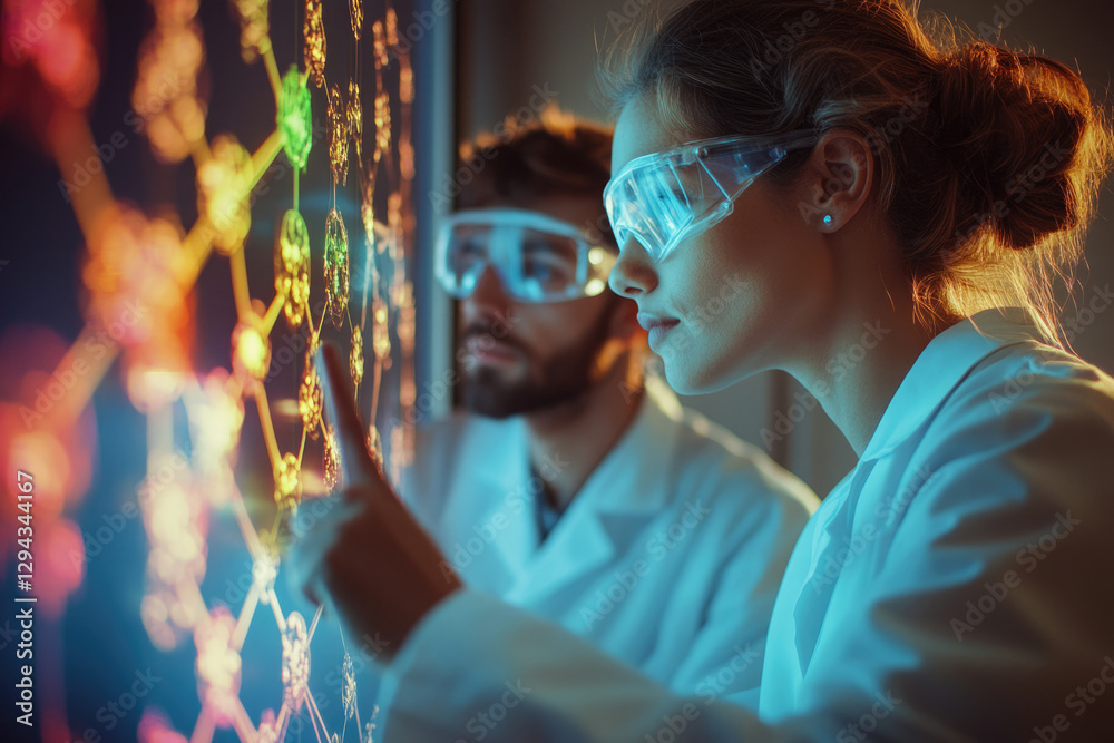Poster two scientists collaborate, interacting with a vibrant, complex data visualization on a large screen