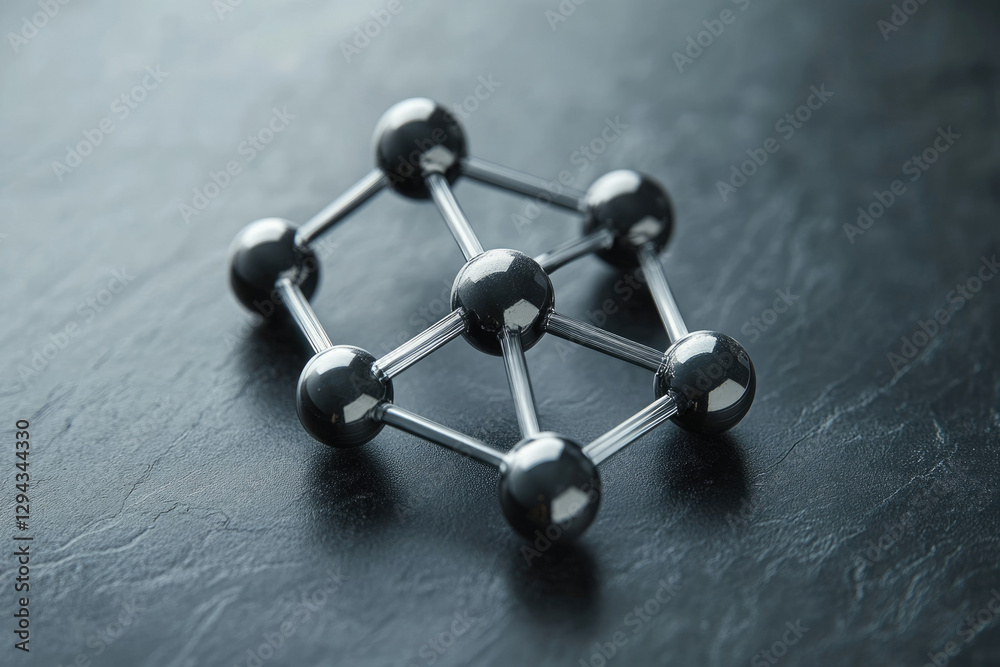 Poster a metallic molecular model rests on a dark surface, showcasing interconnected spheres and rods, repr