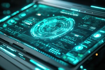 Futuristic teal-lit digital interface displaying complex data and circular HUD elements.