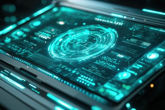 Futuristic teal-lit digital interface displaying complex data and circular HUD elements.
