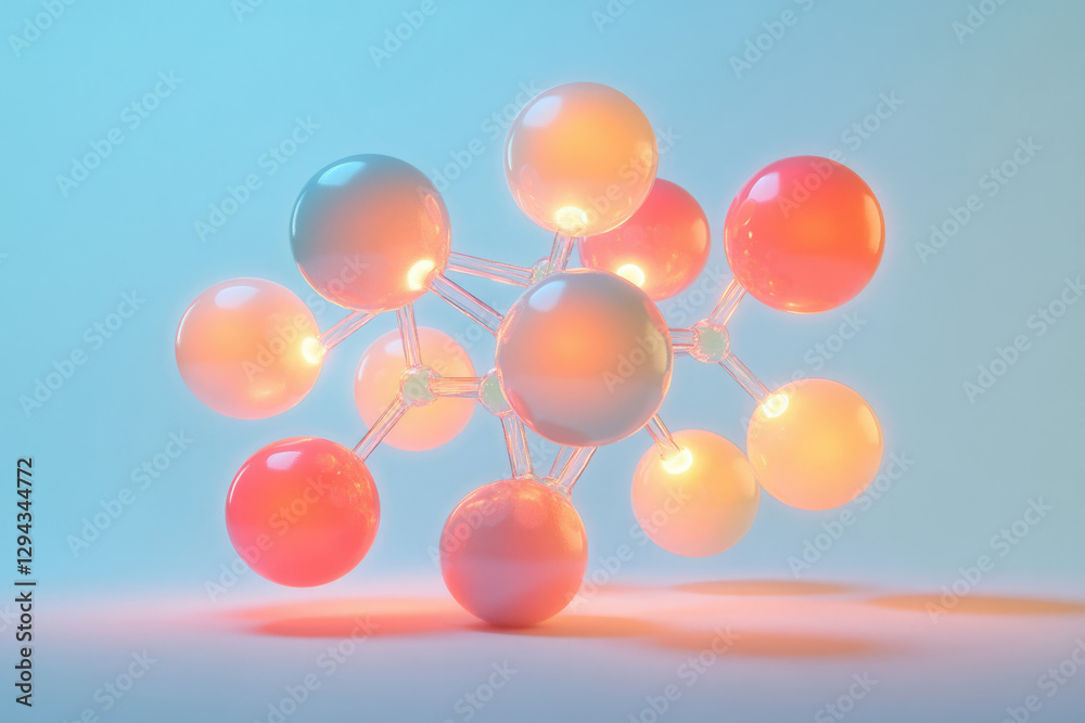 Poster Abstract 3D rendering of a glowing molecule model, showcasing interconnected spheres in pastel colors against a light blue background.