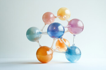 A colorful glass sculpture resembling a molecular structure, showcasing interconnected spheres of...