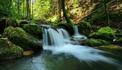 small forest waterfall in the south of poland