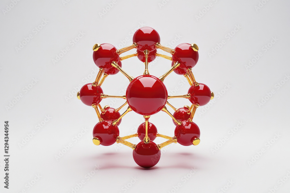 Poster 3D rendering of a red and gold molecular structure, representing science, technology, and connection.
