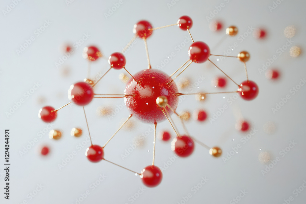 Poster abstract 3d rendering of a molecule or network, with red and gold spheres connected by thin rods.