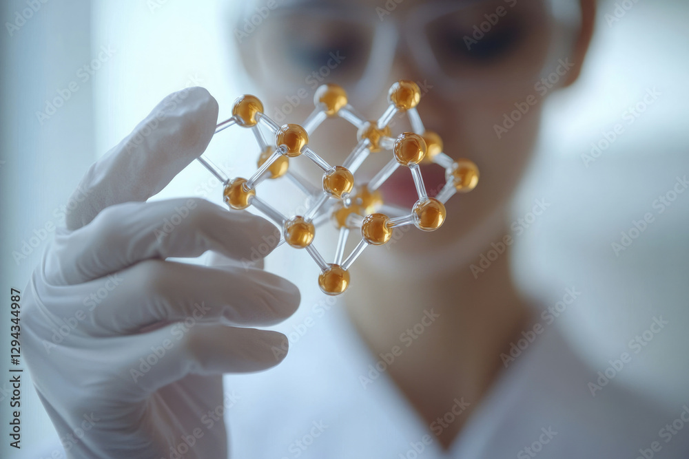 Poster a scientist in gloves examines a molecular model, representing research and discovery in science.
