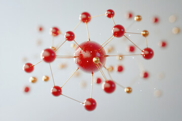 Obraz premium Abstract 3D rendering of a molecule or network, with red and gold spheres connected by thin rods.