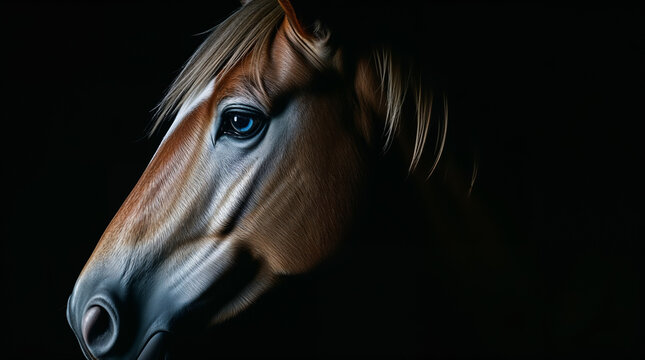 Beautiful horse with blue eyes. Buckskin brown equine portrait
