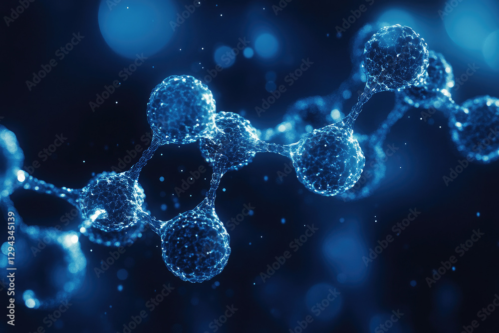 Poster abstract representation of a molecule's atomic structure, glowing blue in a dark background.