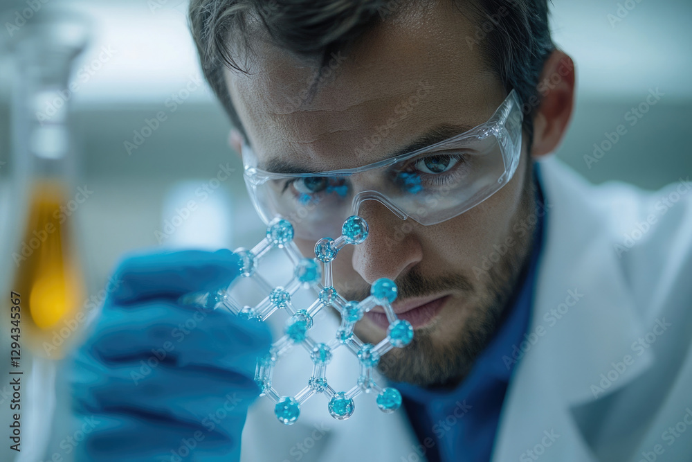 Aufkleber A scientist meticulously examines a molecular model, focusing intently on its intricate structure.