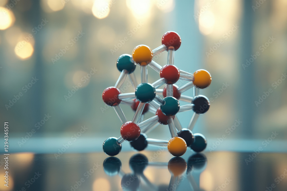 Poster a colorful molecular model illustrates atomic structure and bonding in chemistry.