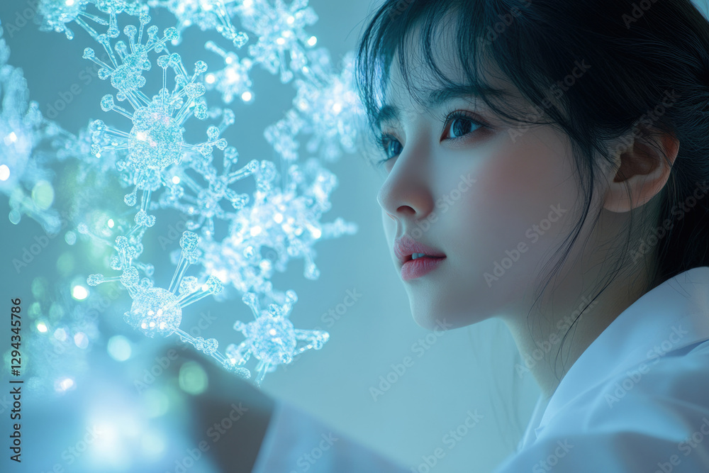Poster a young scientist gazes intently at a glowing, intricate model of a virus, researching and possibly 