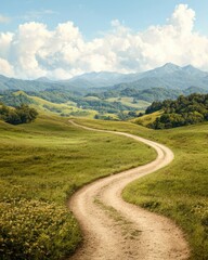 Winding dirt path through lush green hills scenic landscape tranquil environment serene viewpoint