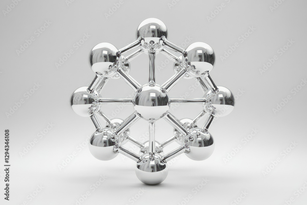 Poster A 3D model of a metallic molecule with interconnected spheres, representing atomic structure.